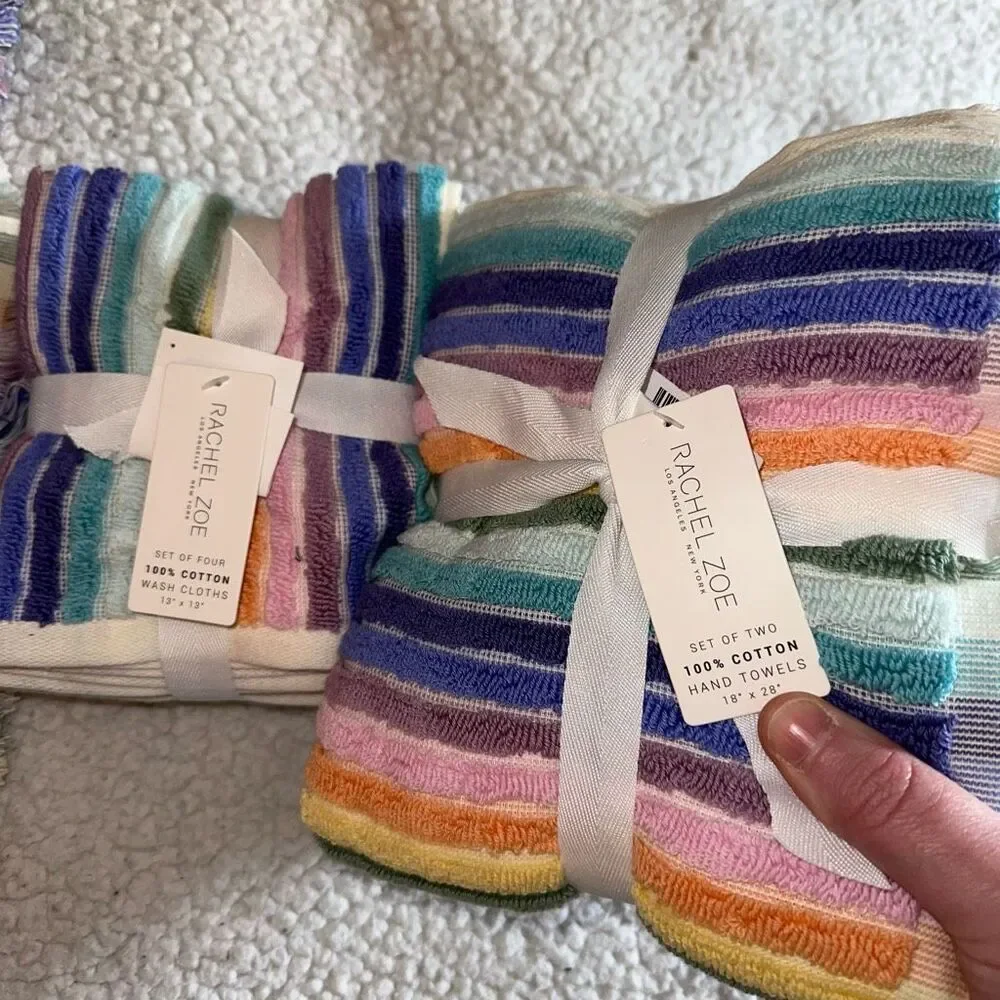 Rachel Zoe Bath Towel Set Rainbow Stripe Pattern Fringe NWT